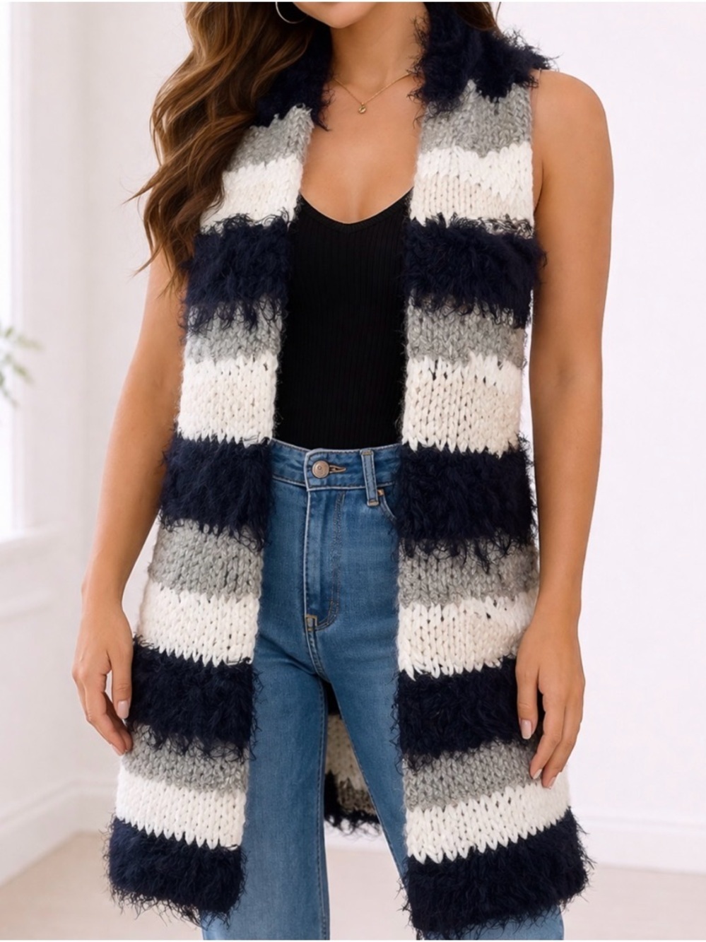 Women's Free People Striped Shag Eyelash Vest furry sweater cardigan sleeveless